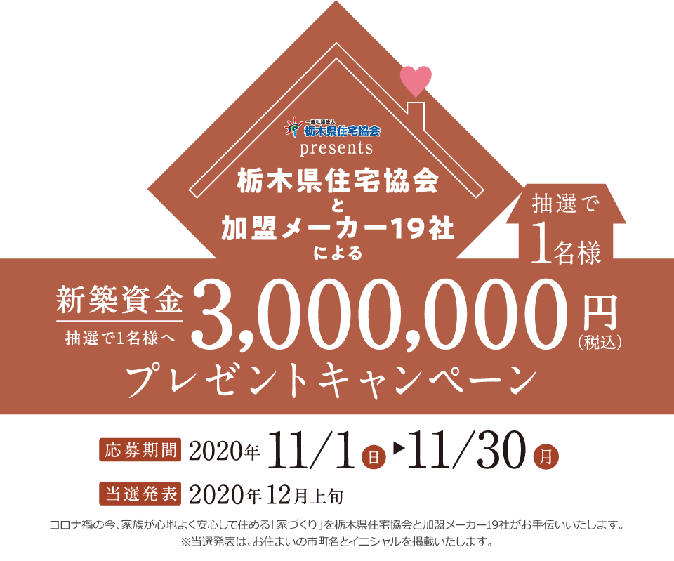 栃木県住宅協会と加盟メーカー19社のによる建築資金300万円プレゼントキャンペーン